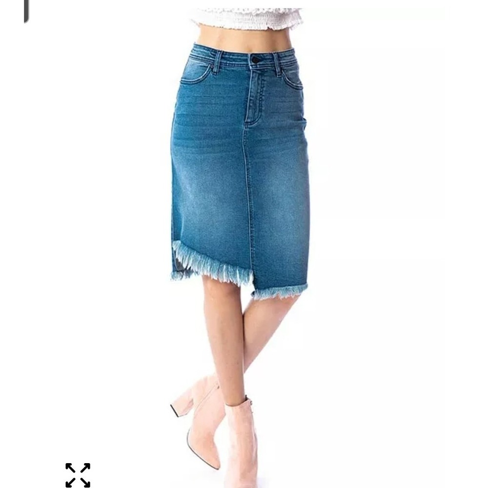Kancan Asymmetrical Jean Skirt Pencil Rawhem Frayed End Women M,Back Slit Modest